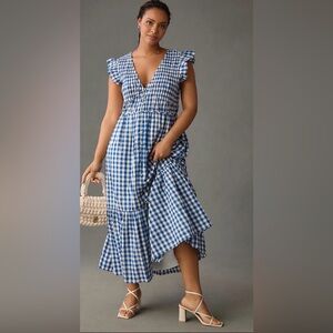 Anthropologie The Peregrine Midi Smocked Dress in blue gingham check
